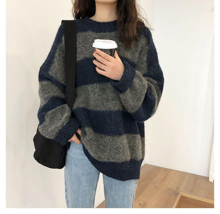 Crew Neck Striped Oversized Sweater Product Image