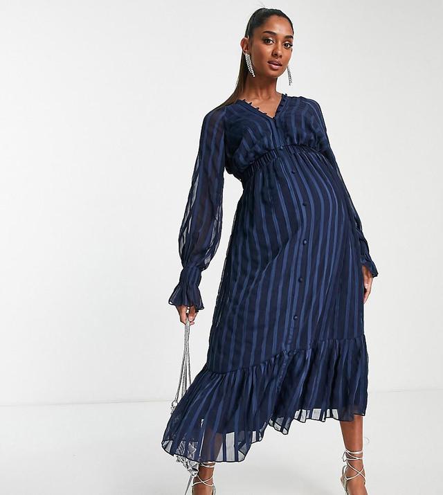 ASOS DESIGN Maternity satin stripe midi dress with blouson sleeve and button detail in navy Product Image