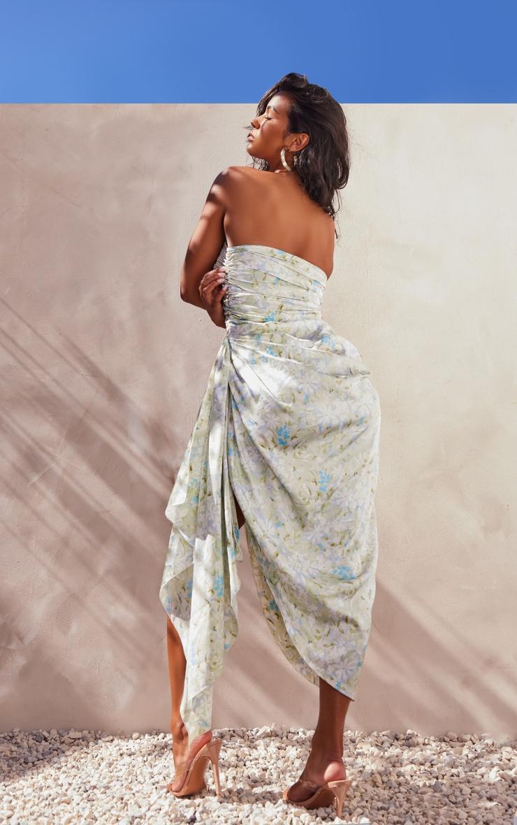 Green Floral Print Satin Ruched Plunge Midaxi Dress Product Image