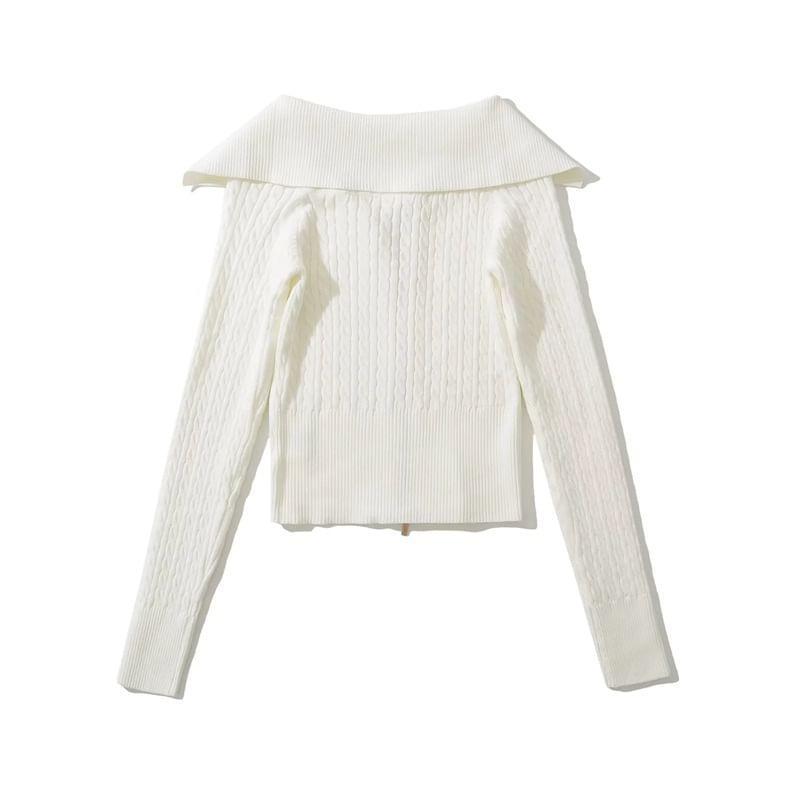 Off-Shoulder Plain Cable Knit Zip-Up Crop Cardigan Product Image