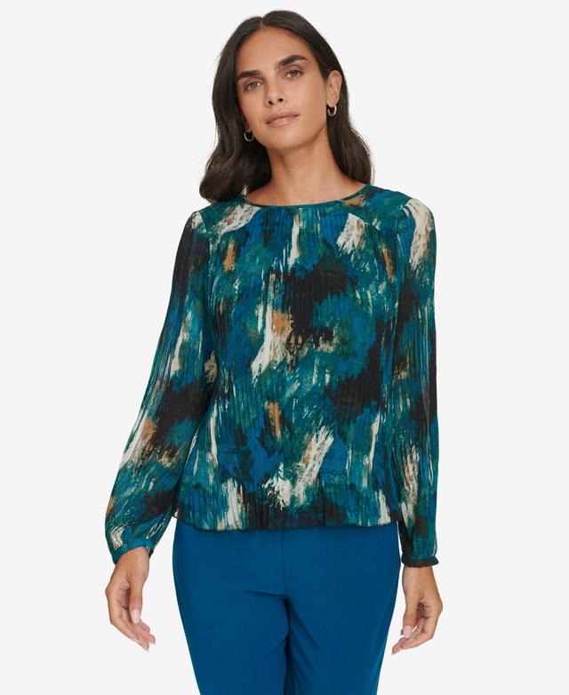 Calvin Klein Womens Printed Pleated Long-Sleeve Top Product Image