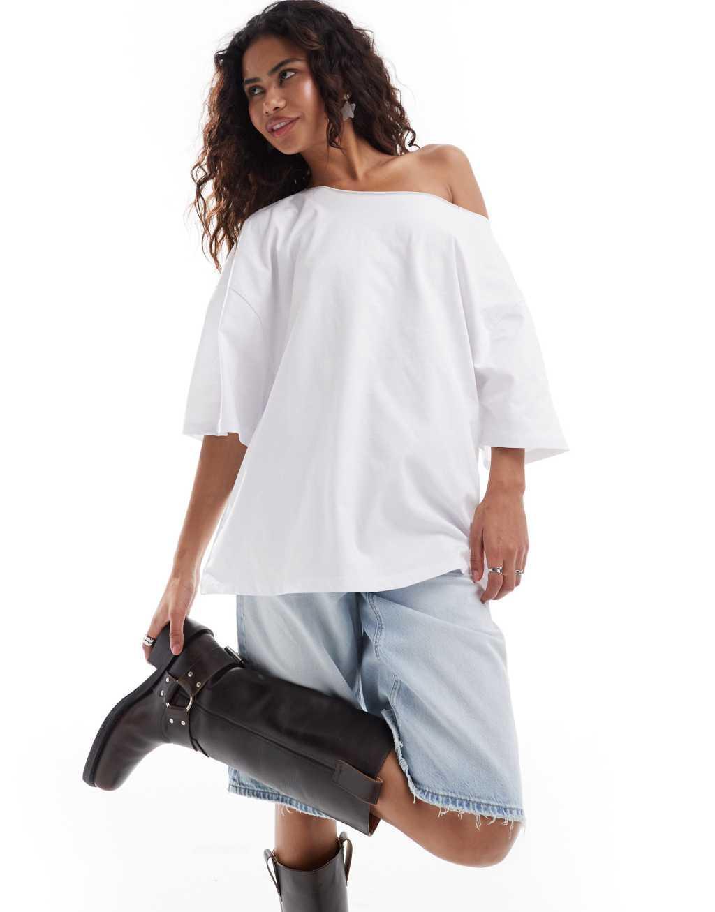 ASOS DESIGN relaxed off the shoulder t-shirt in white product image