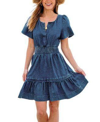 Women's Cotton Split Round Neck Short Sleeve Mini Beach Dress Product Image