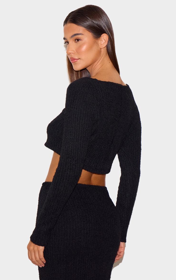 Black Textured Soft Rib Square Neck Button Crop Top Product Image