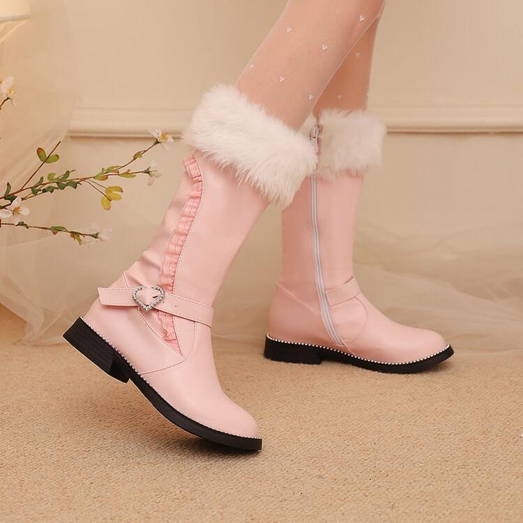 Low Heel Frill Trim Heart Buckled Faux Leather Mid-Calf Boots product image