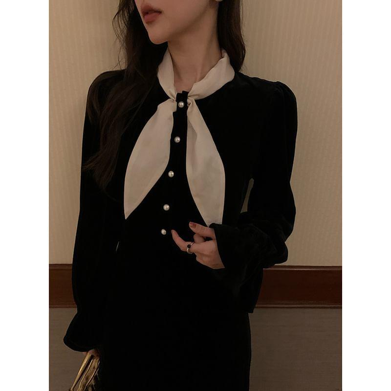 Long Sleeve Tie Neck Velvet Midi A-Line Dress Product Image