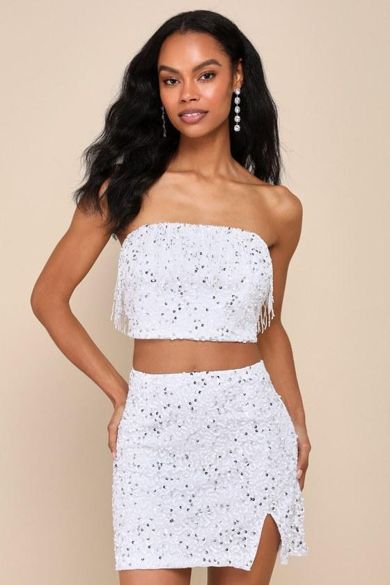 Glam of the Moment White Beaded Sequin Mini Skirt Product Image