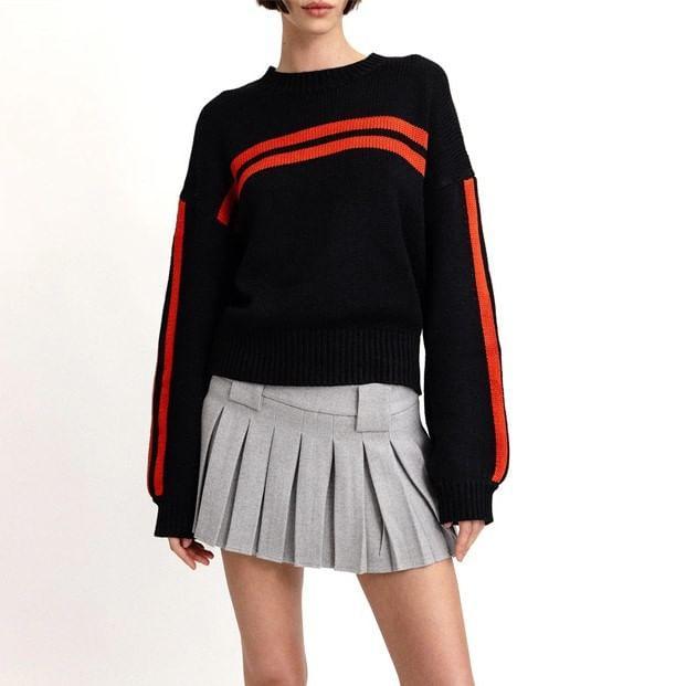 Drop Shoulder Round Neck Striped Crop Sweater Product Image