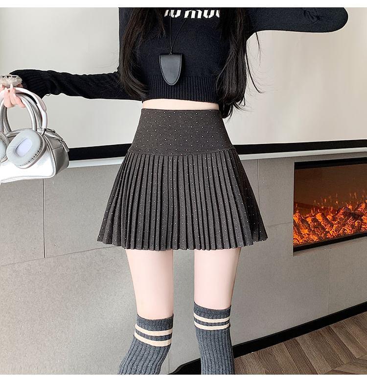 High Rise Dotted Accordion Pleated Mini A-Line Skirt Product Image