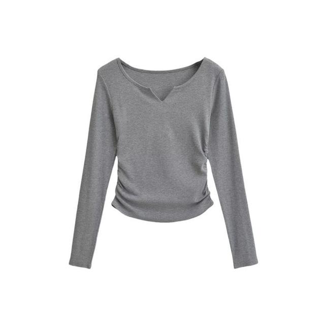 Long Sleeve Notch Neck Plain Ruched T-Shirt Product Image