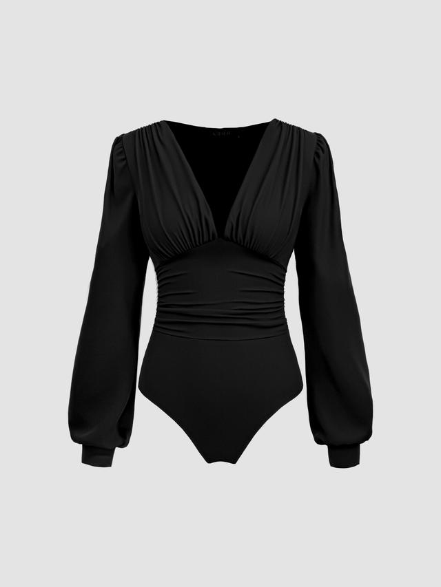 Jersey V-neck Solid Ruched Bodysuit Product Image