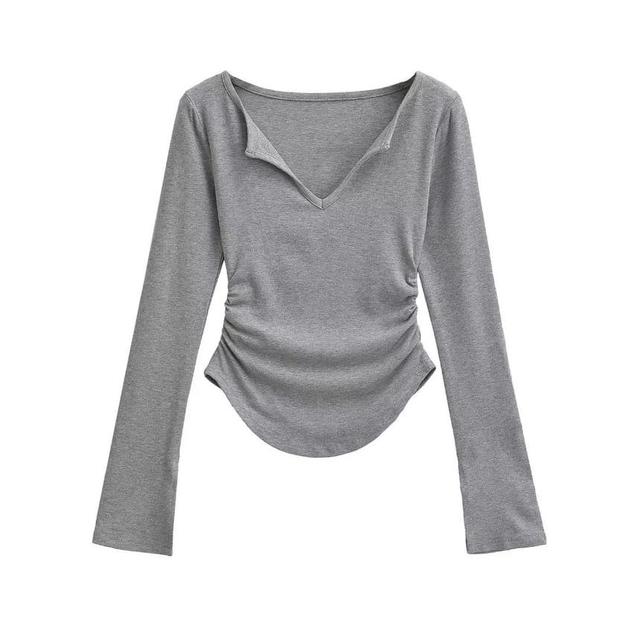 Long-Sleeve V-Neck Plain Crop Top Product Image