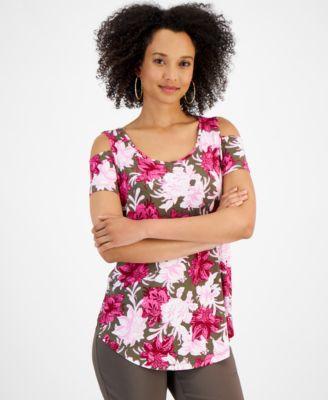 Jm Collection Womens Printed Short-Sleeve Cold-Shoulder Top, Created for Macys Product Image