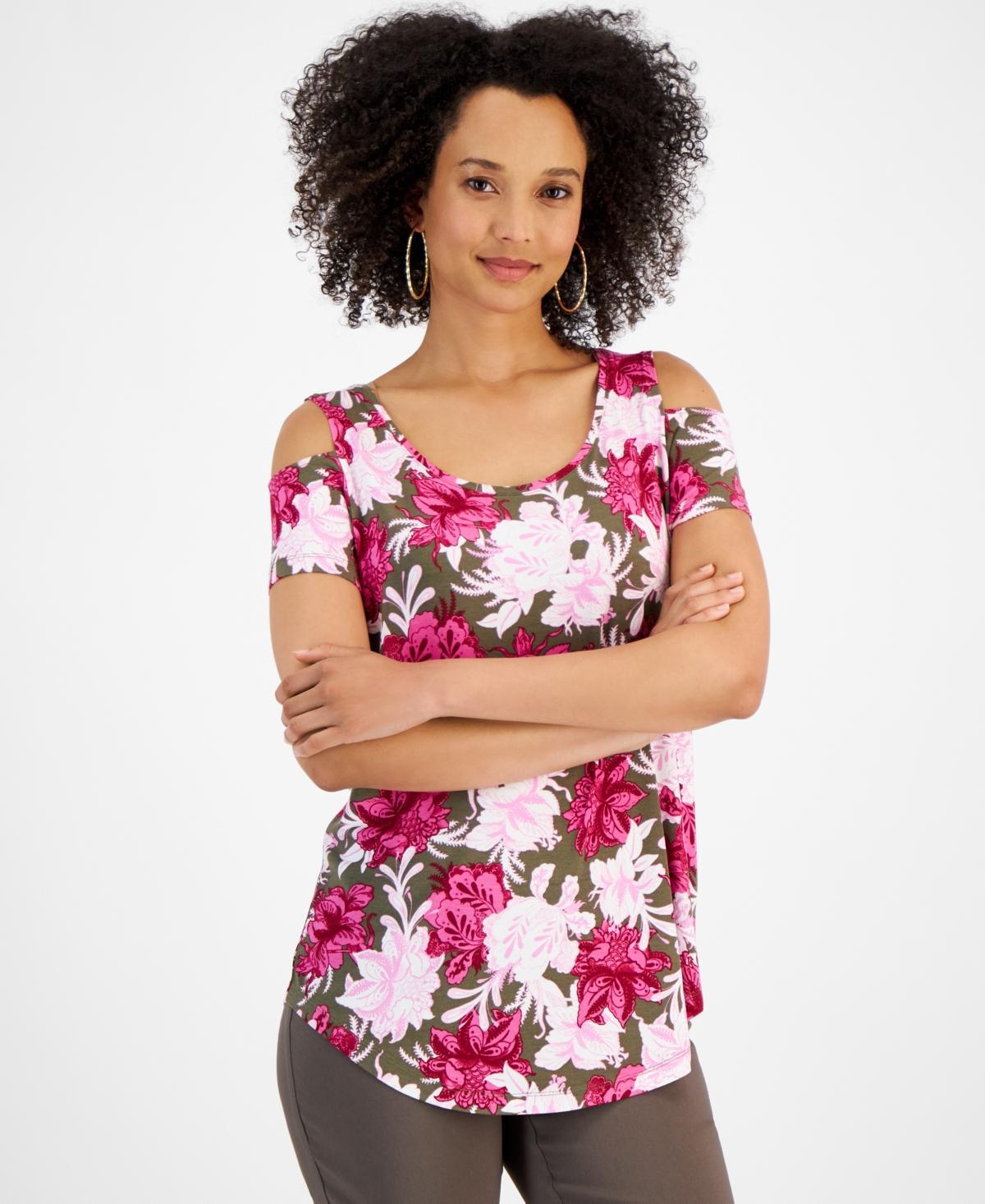 Jm Collection Womens Printed Short-Sleeve Cold-Shoulder Top, Created for Macys Product Image