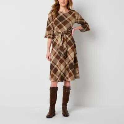 R & K Originals Womens 3/4 Sleeve Plaid Fit + Flare Dress Product Image