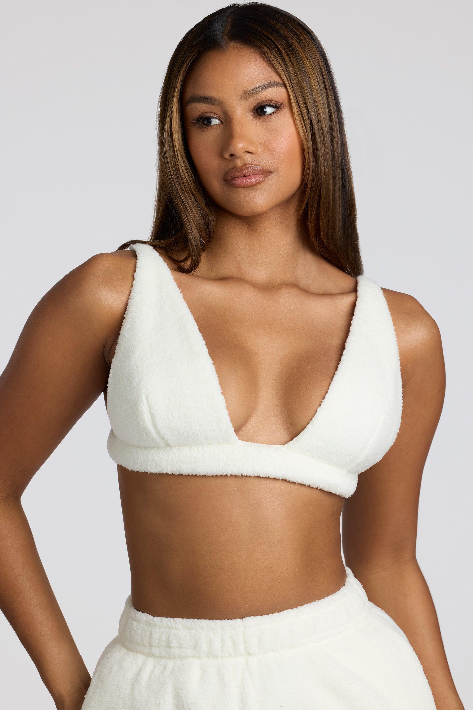 V Neck Fleece Bralette in White Product Image