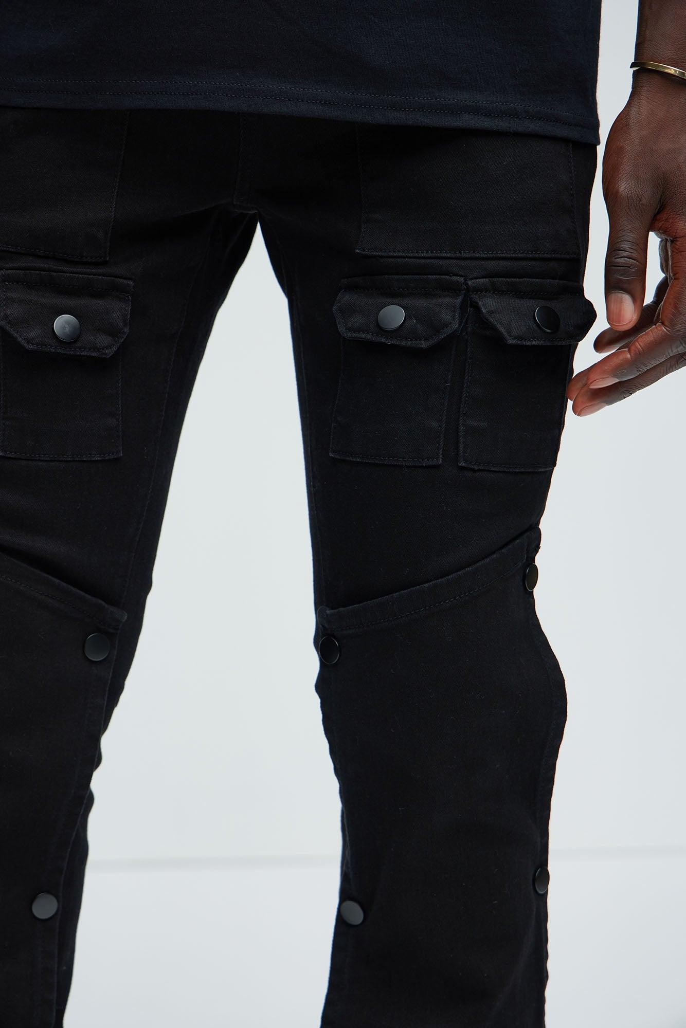 Utility Snap Pockets Flare Jeans - Black Product Image