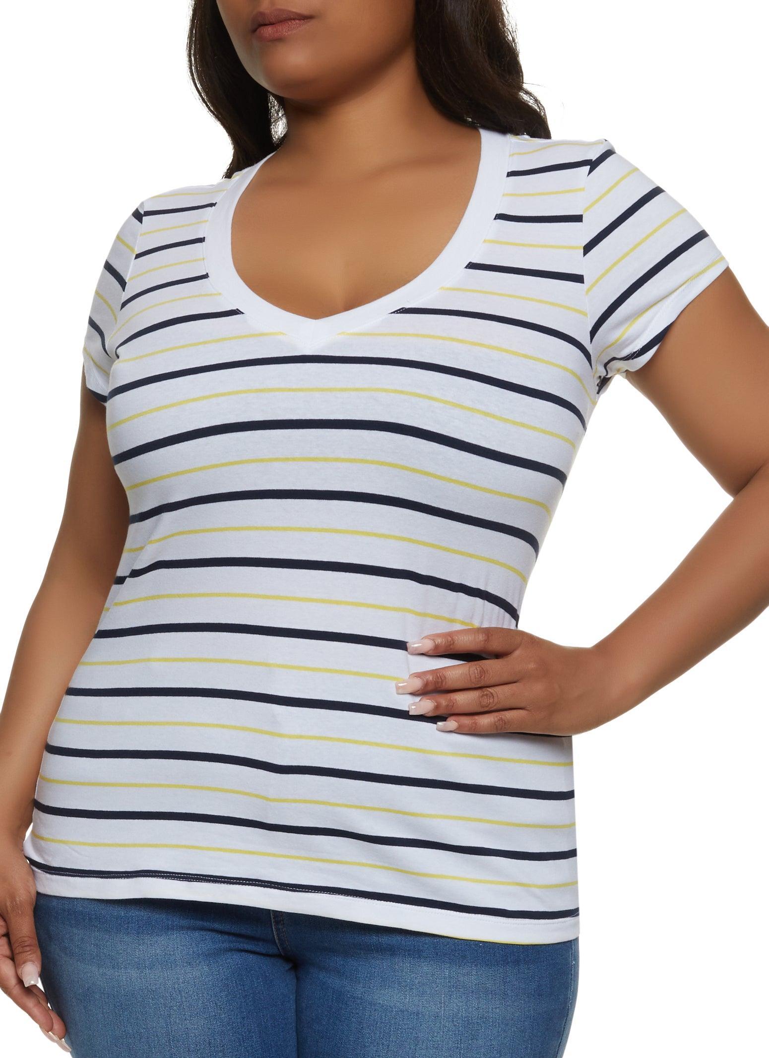 Womens Plus Size Basic Striped V Neck Tee Product Image