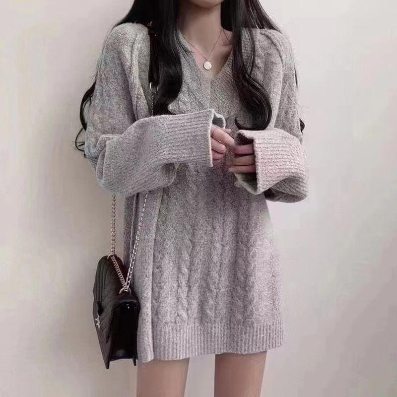 V-Neck Plain Cable Knit Oversized Sweater Product Image