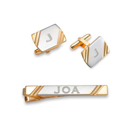 Men's Engravable Tie Bar and Cuff Links Set in Brass and 18K Gold Plate (1-3 Initials) Product Image