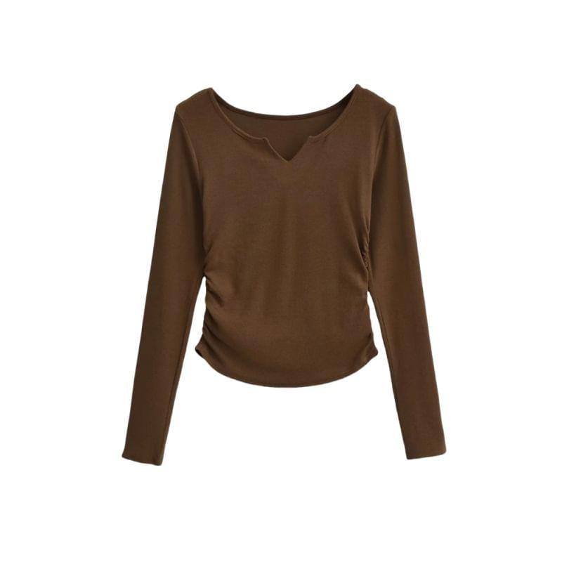 Long Sleeve Notch Neck Plain Ruched T-Shirt Product Image