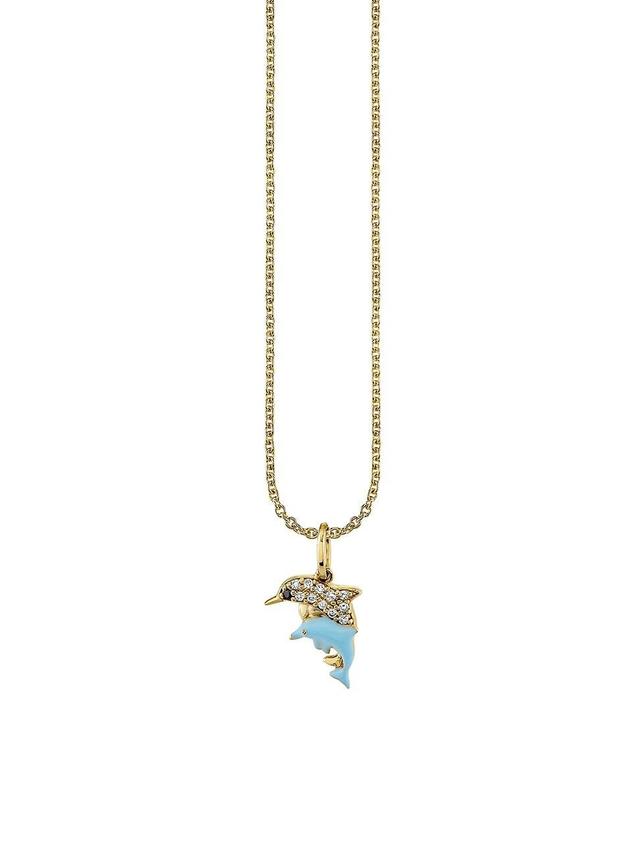 Womens Under The Sea 14K Yellow Gold, 0.03 TCW Diamond & Enamel Dolphin Family Pendant Necklace Product Image