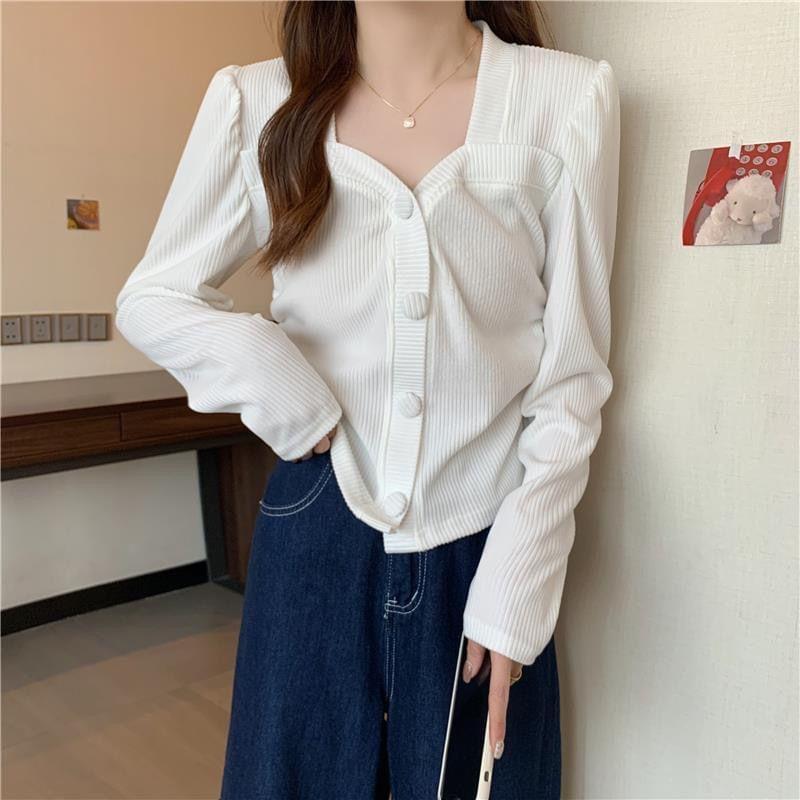 Long-Sleeve Plain Button-Up Ribbed Knit Top Product Image