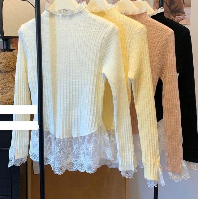 Long-Sleeve Mock Neck Lace Trim Ribbed Knit Top Product Image