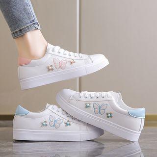 Butterfly Embroidered Lace-Up Sneakers Product Image