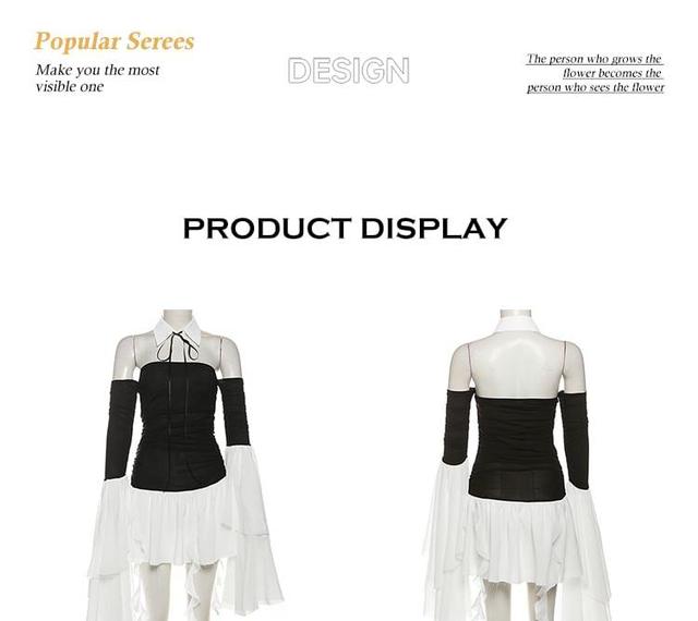 Long-Sleeve Plain Lace Panel Mini Bodycon Dress Product Image