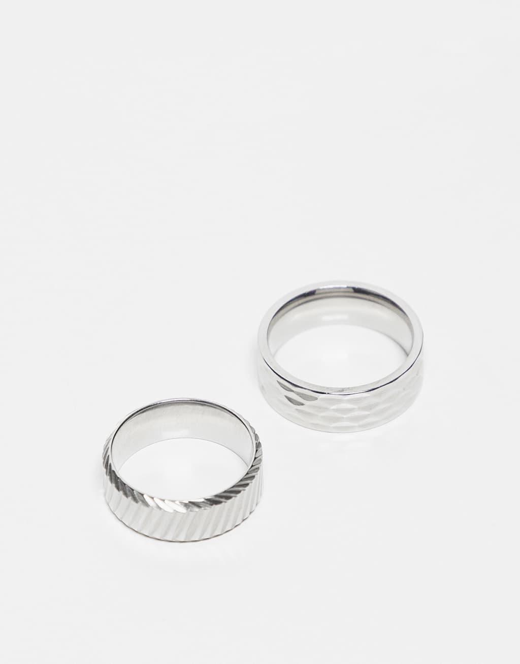 ASOS DESIGN 2 pack waterproof stainless steel band rings with embossing in silver tone Product Image