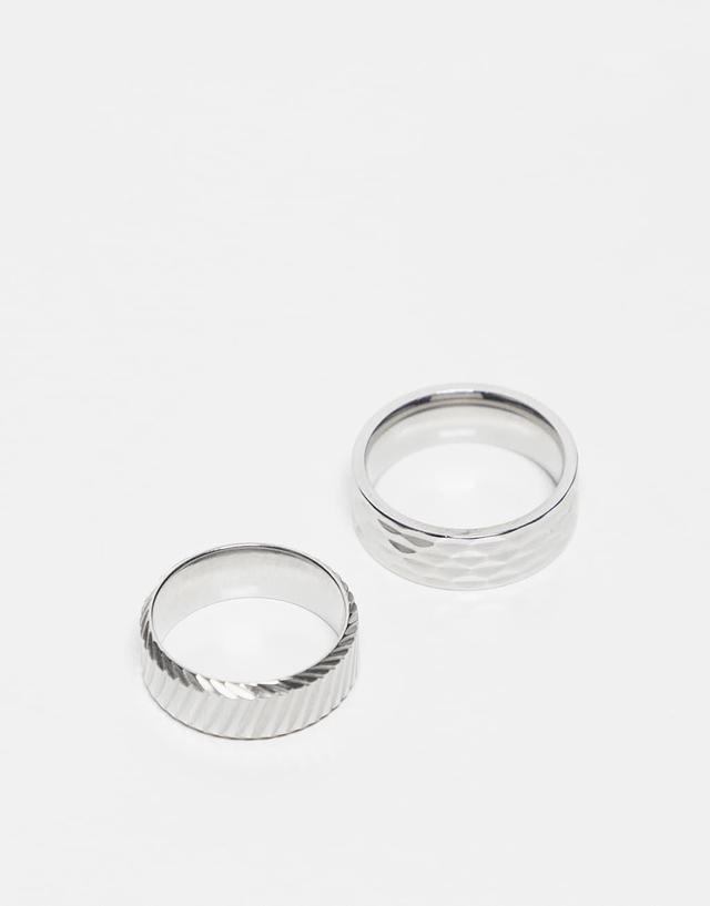 ASOS DESIGN 2 pack waterproof stainless steel band rings with embossing in silver tone Product Image