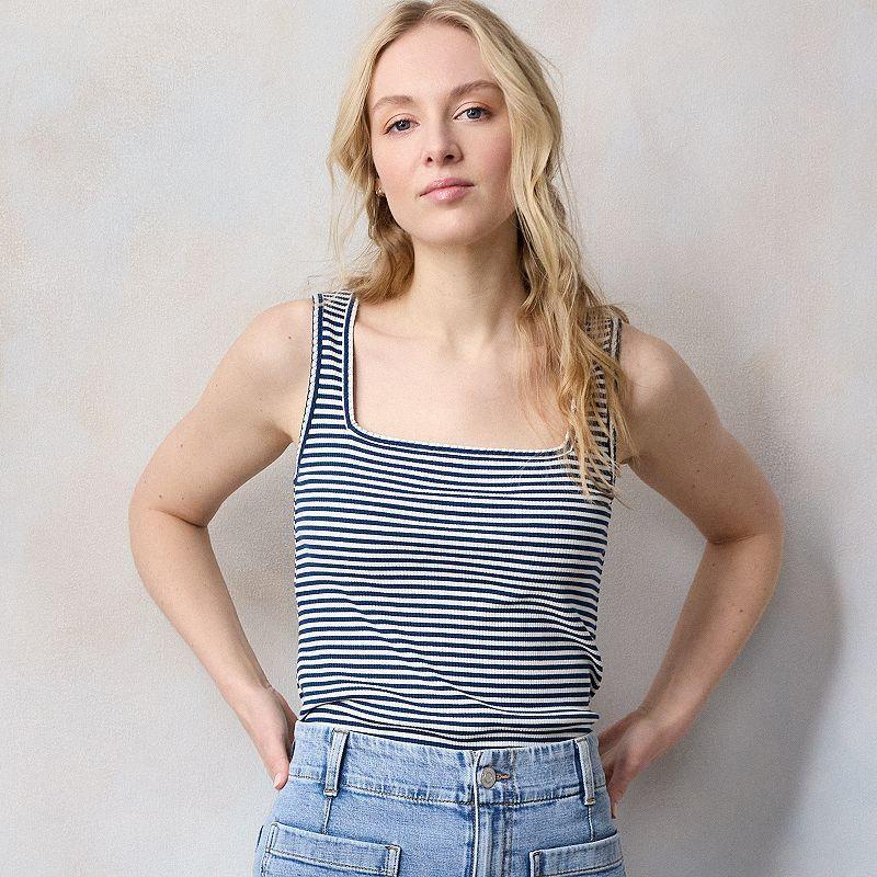 Petite LC Lauren Conrad Square Neck Knit Tank Top, Womens Blue Raleigh Stripe product image