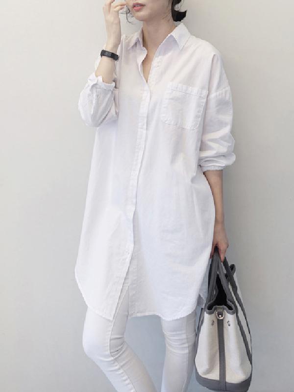 Office Long Sleeves Solid Color Lapel Blouses Shirt Dress Product Image