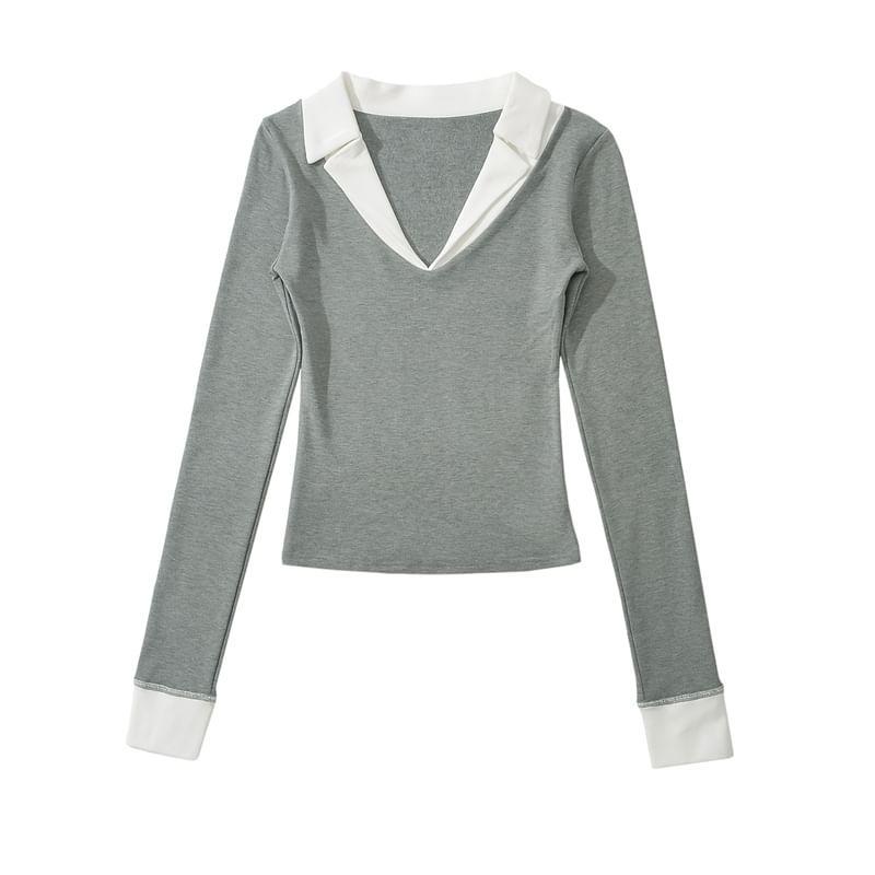 Long Sleeve V-Neck Contrast Trim Crop Polo Shirt Product Image