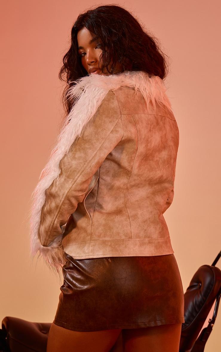 Cream Faux Fur Trim Contrast Faux Leather Zip Up Jacket Product Image