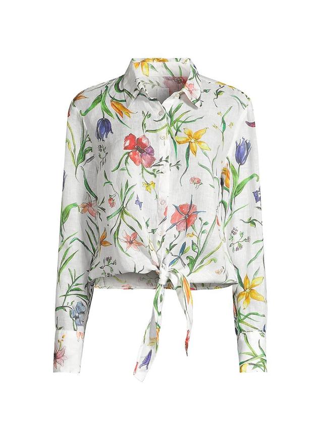 Womens Linen Floral Tie Blouse Product Image