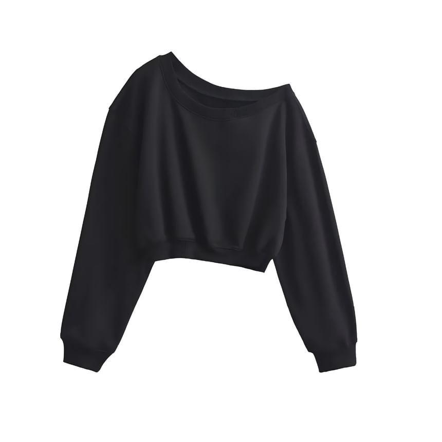 One-Shoulder Long-Sleeve Plain Crop Pullover Product Image