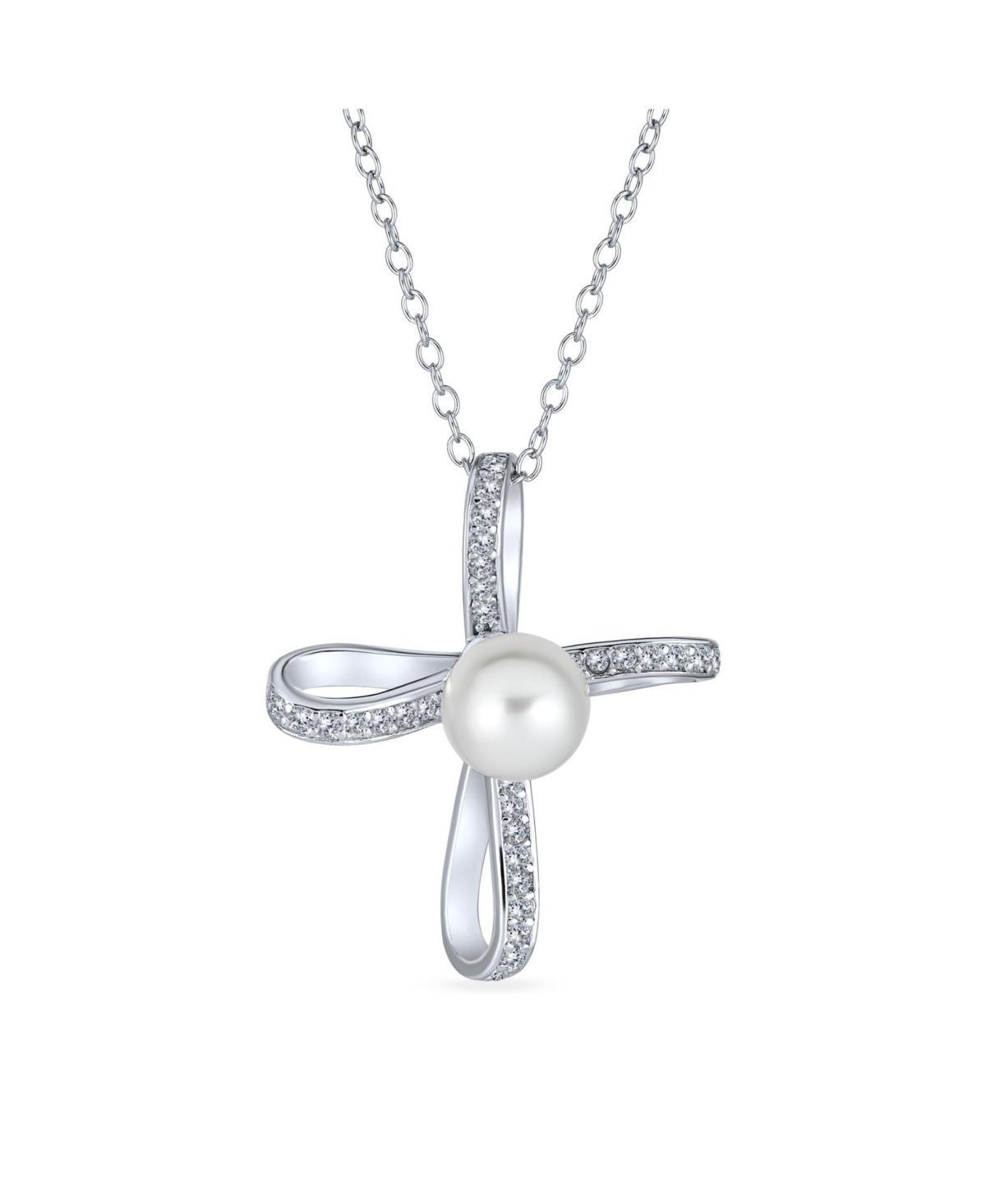 Bridal Simple Religious Simulated White Pearl Infinity Cross Necklace Pendant For Women Wedding Teen .925 Sterling Silver Product Image