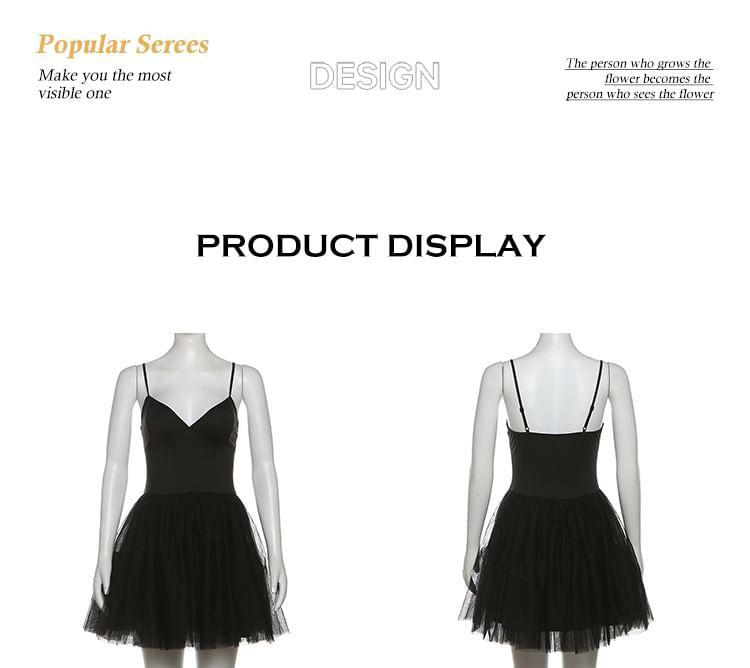 Spaghetti Strap V-Neck Plain Mesh Panel Mini A-Line Dress Product Image