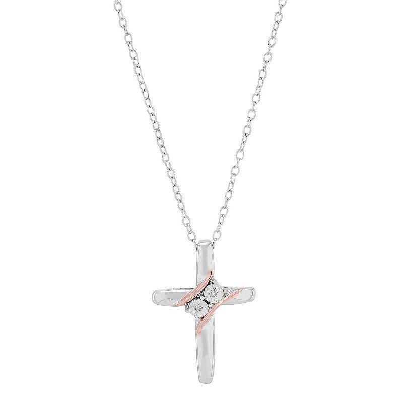 Two-Tone Sterling Silver Diamond Accent Cross Pendant Necklace, Womens Pink Tone Product Image