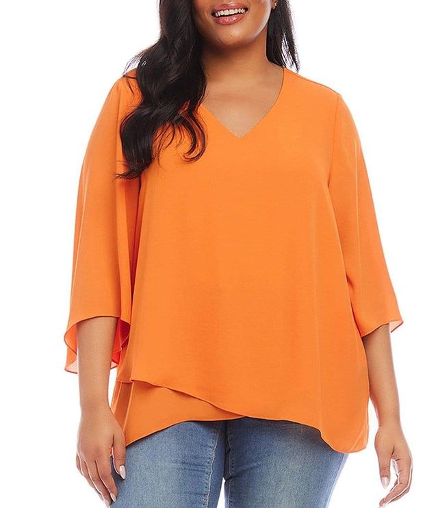 Karen Kane Plus Size Crepe V-Neck 3/4 Flare Sleeve Asymmetric Hem Top Product Image