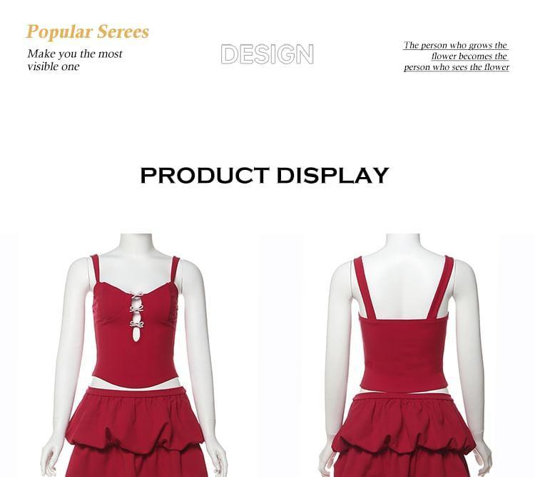 Set: Sleeveless Ribbon Accent Plain Crop Top + Mini Tiered Skirt Product Image