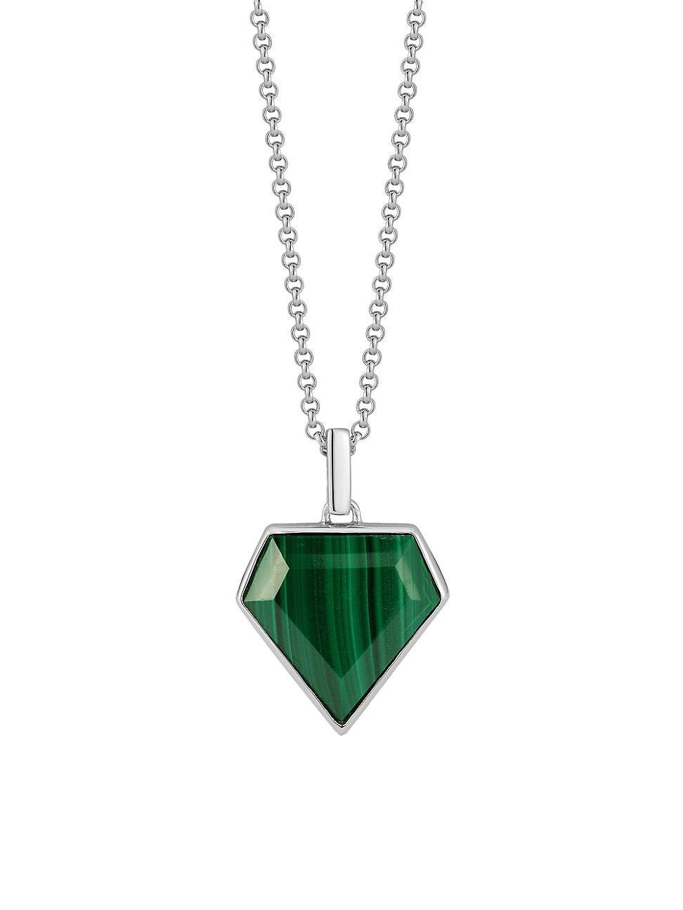 Mens Malachite & Sterling Silver Pentagon Pendant Necklace Product Image