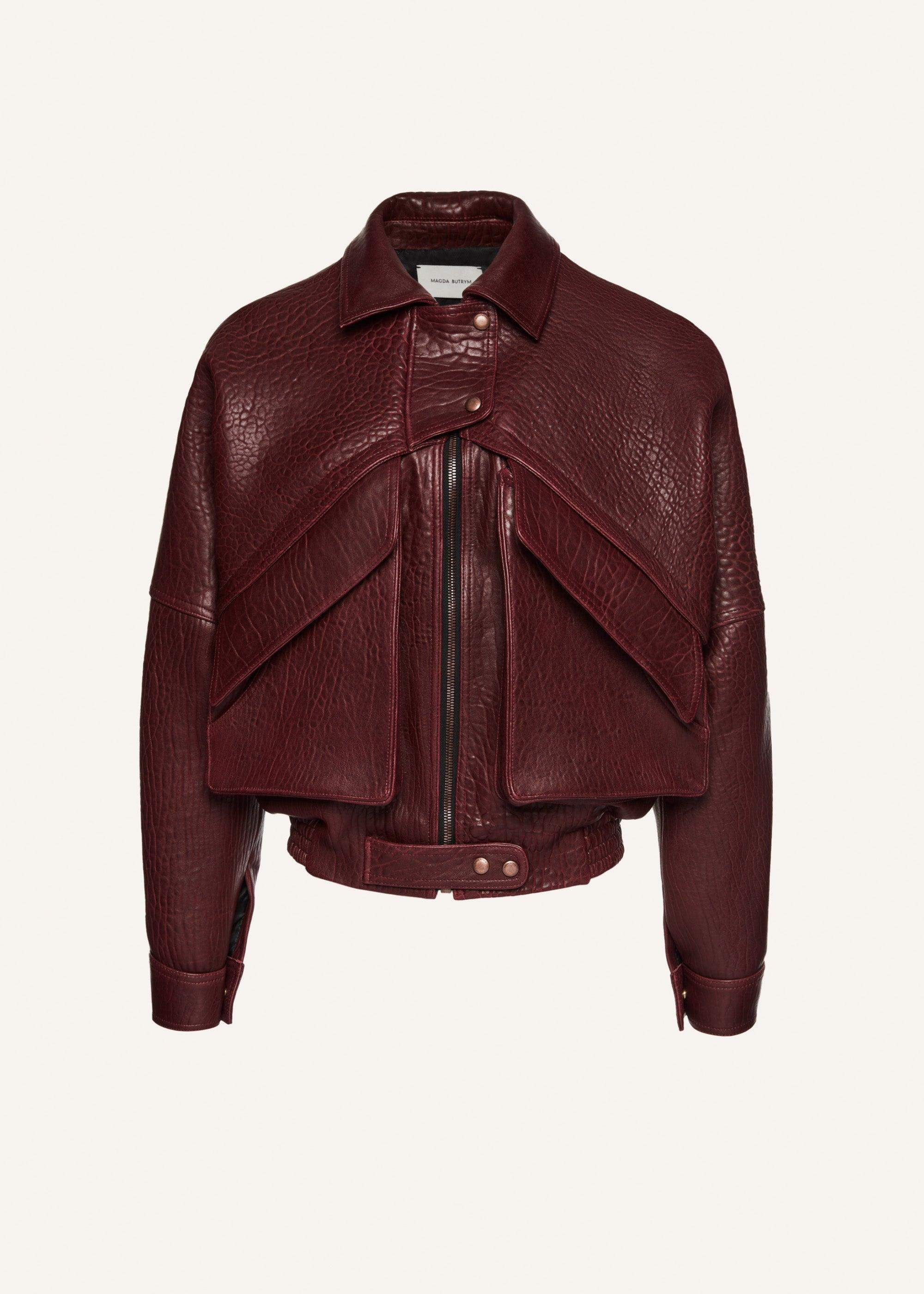 Vintage leather bomber jacket in embossed burgundy Product Image