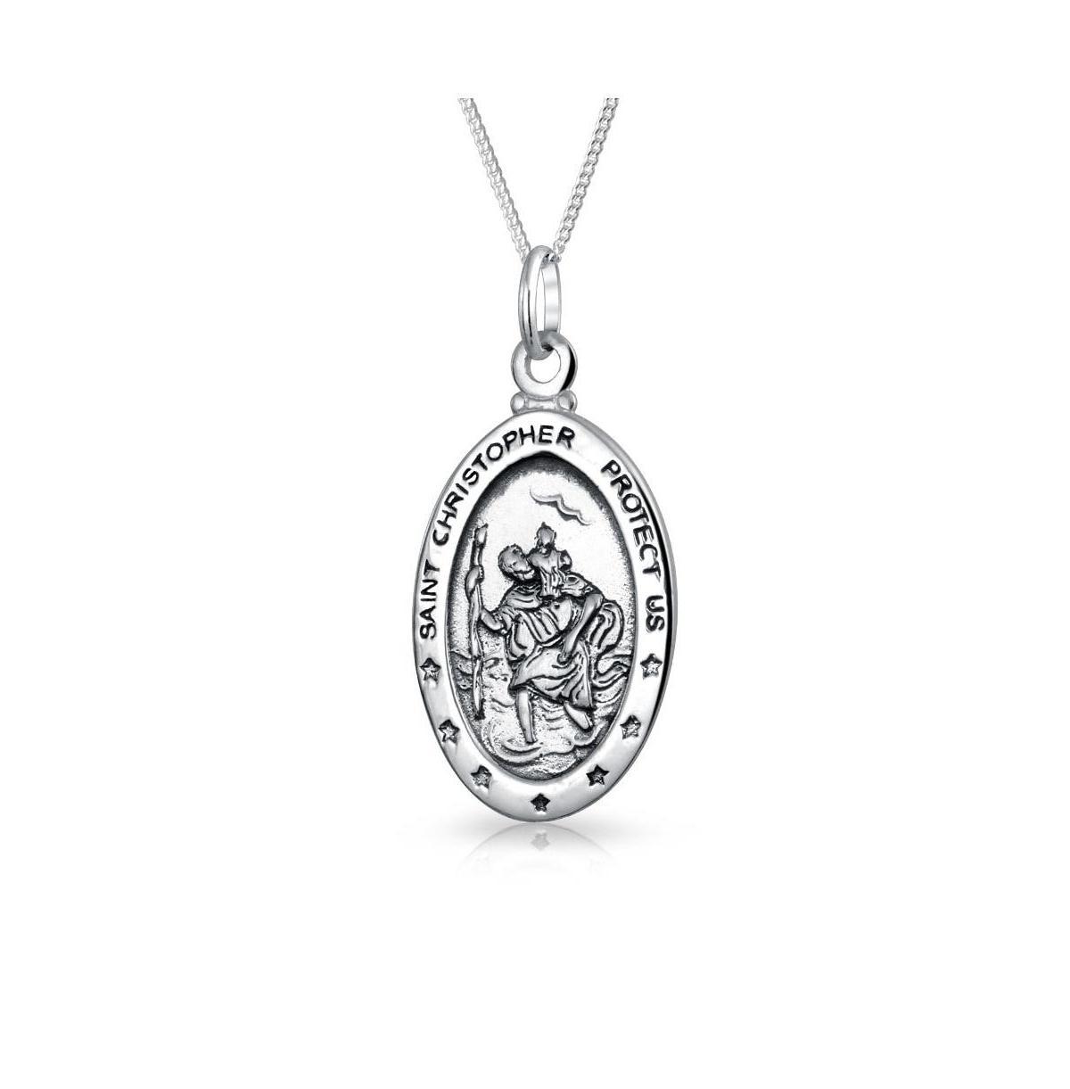 Bling Jewelry Parton Of Safe Travel Protect Us Medal Medallion Oval Saint Christopher Pendant Necklace For Women Sterling Silver Product Image