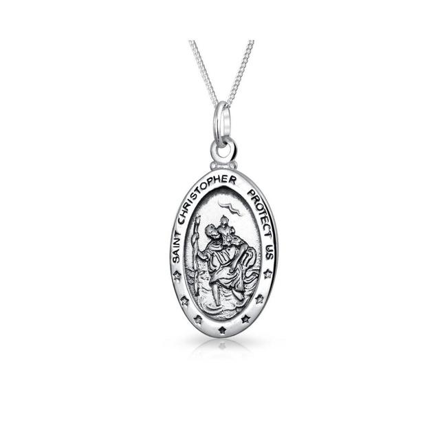 Parton Of Safe Travel Protect Us Medal Medallion Oval Saint Christopher Pendant Necklace For Women .925 Sterling Silver Product Image