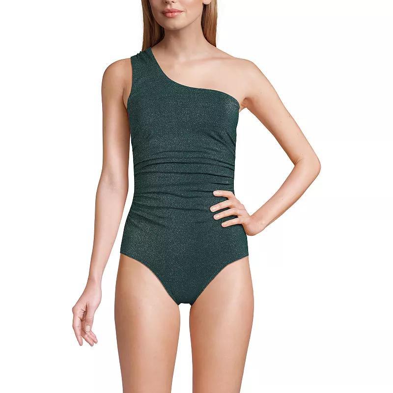 Womens Lands End Shimmery One-Shoulder Shirred High Leg One-Piece Swimsuit Product Image