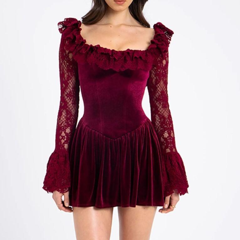 Flare-Sleeve Square Neck Lace Mini A-Line Dress Product Image