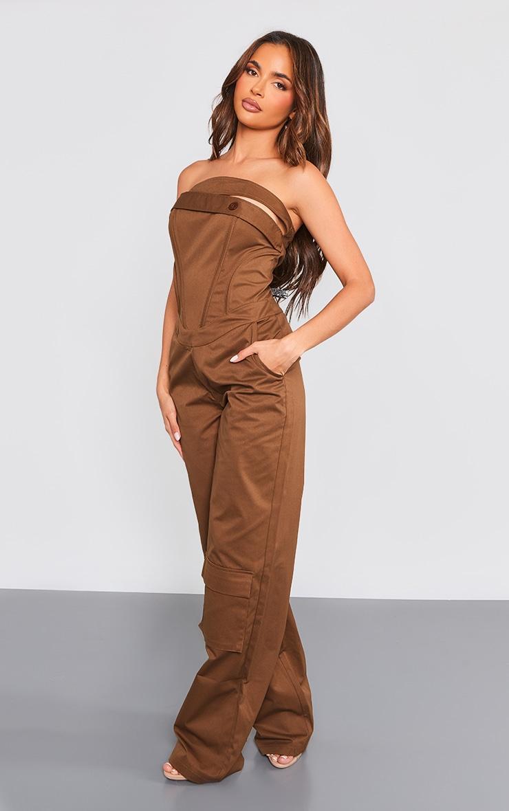 Chocolate Corset Detail Utility Flared Bandeau Jumpsuit Product Image